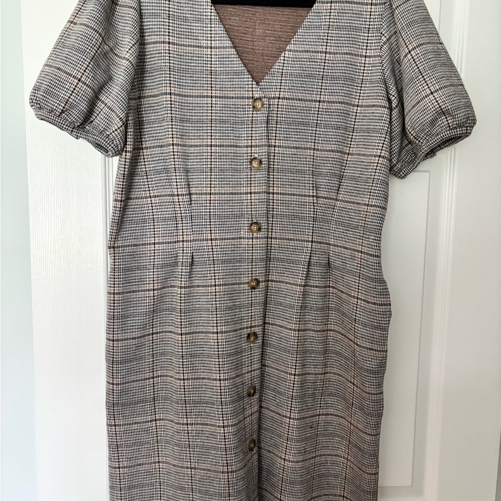 LOFT Brown White Puff Sleeve V-Neck Knee length Dress